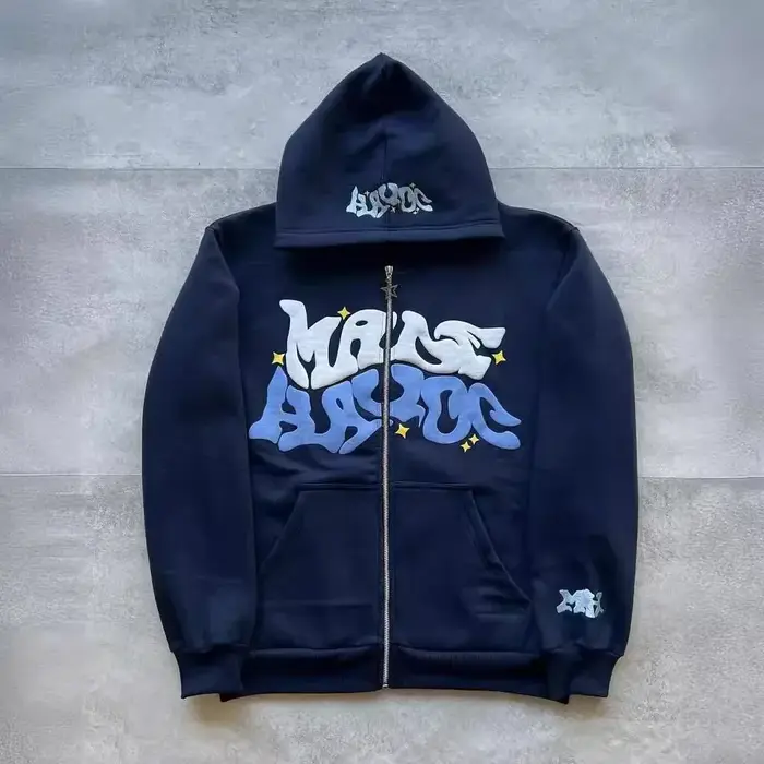 Sweat à capuche zippé avec lettres de style américain rétro, unisexe, idéal pour être associé à une 