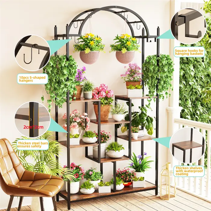 Grand support pour plantes d'intérieur à 5 niveaux, étagère à fleurs en métal arqué avec crochets de