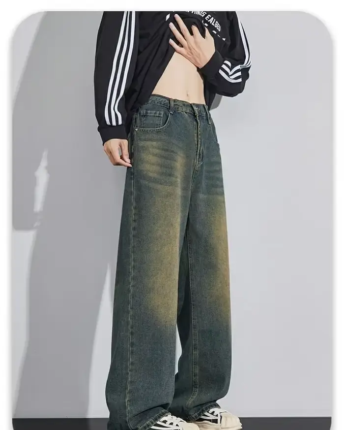 Nouveau jean couteau courbé pour hommes américain rétro lavé en détresse pantalon à jambes larges qu
