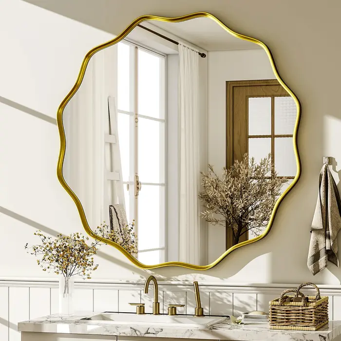 Miroir de salle de bain rond ondulé, miroir mural décoratif avec cadre profond