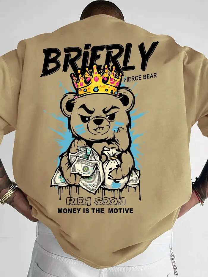 T-shirt col rond pour hommes, confortable et respirant, à la mode, ours en peluche, lettre de riches