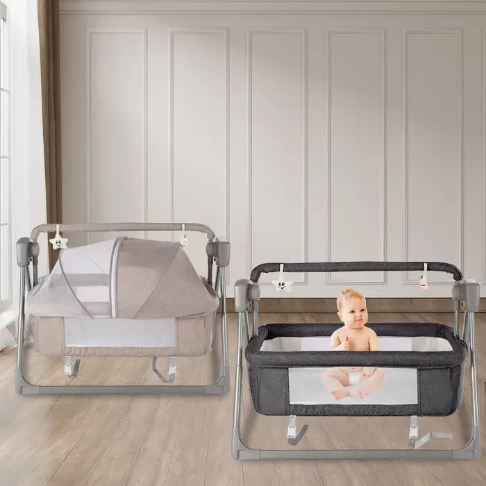 Berceau électrique gris/kaki, lit balançoire pour bébé, panier de berceau inclinable à bascule autom