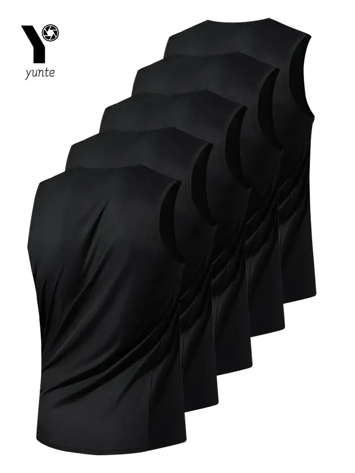 Gilet de sport noir pour hommes, 5 pièces, col rond respirant, tissu légèrement élastique, couleur P