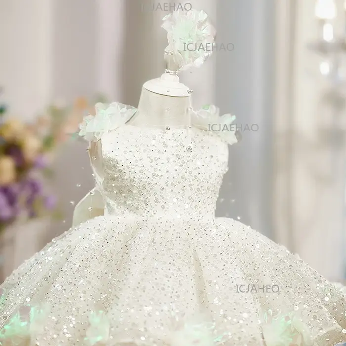 Robe de princesse élégante pour enfants, style perle et fleur, avec sequins, pour filles, idéale pou