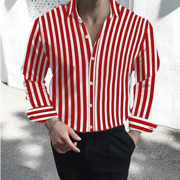 Men's formal shirt button lapel shirt black and white red long sleeve striped collar wedding work cl