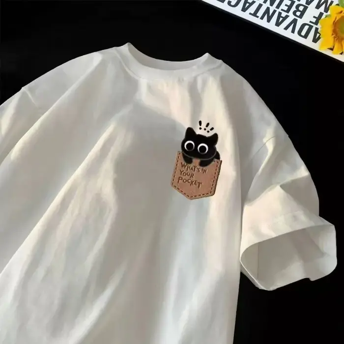 T-shirt décontracté à manches courtes style japonais-coréen, coupe ample, pour couple, motif dessin 