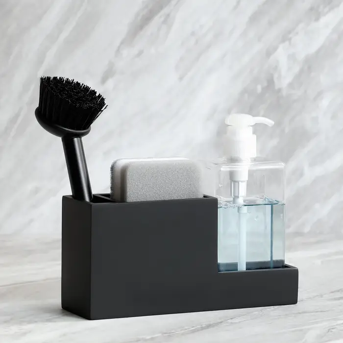 Porte-éponge et rangement d'accessoires de cuisine organisateur d'éponge avec porte-brosse et distributeur de savon pour une évier propre et ordonné
