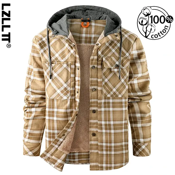 Hiver hommes Plaid polaire chemises manteaux hommes à capuche chemises décontractées homme Sport ext
