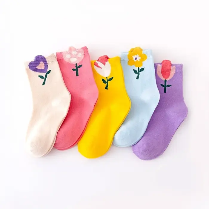5 paires de chaussettes pour filles, motif de fleurs de dessin animé mignon, chaussettes confortable