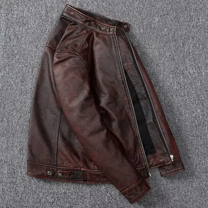 Veste en cuir véritable pour hommes, manteau marron vintage, style motard classique, court, mince, d