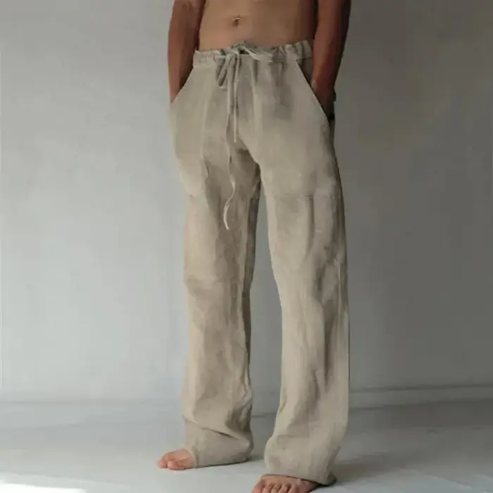 Pantalon Long en coton et lin pour hommes, couleur unie, respirant, décontracté, taille élastique, H