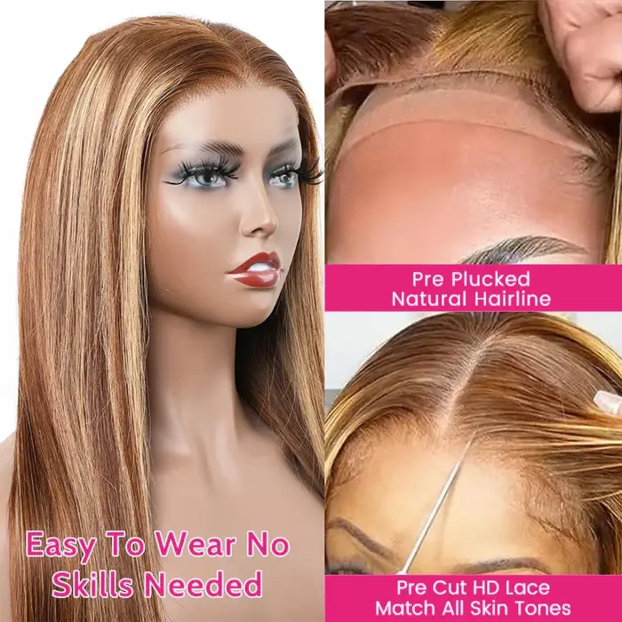 Perruque Lace Front Wig sans colle naturelle, cheveux humains, pre-plucked, coloré, pre-plucked, pre