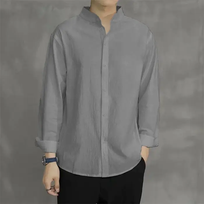 Chemise à manches longues pour hommes, couleur unie, coton et lin, col Henley, simple, respirant, St