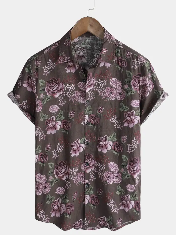 Chemise à manches courtes à imprimé floral rétro pour hommes chemise décontractée à revers simple bo