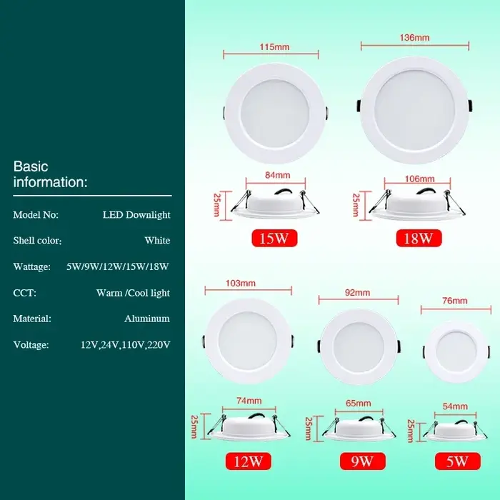Lot de 10 spots LED encastrables blancs 5W 9W 12W 15W 18W, plafonnier LED rond DC 12V 24V AC 110V 22