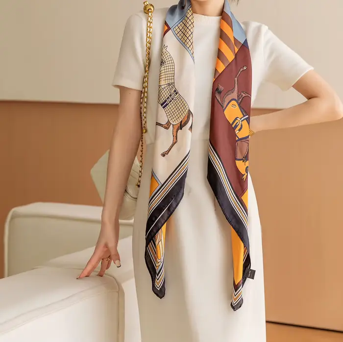 Foulard carré imprimé cheval de luxe, châle Vintage en Imitation soie pour femmes, coupe-vent, envel