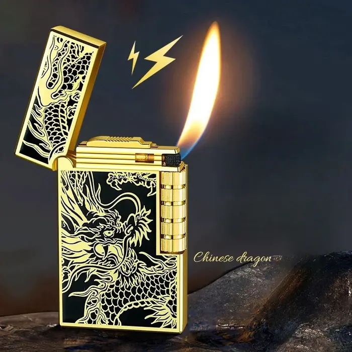 Briquet gonflable en métal et acier, son Dragon chinois, feu Oblique, poulie latérale, allumage de tuyaux de gaz Butane, cadeau pour fumer, 2024