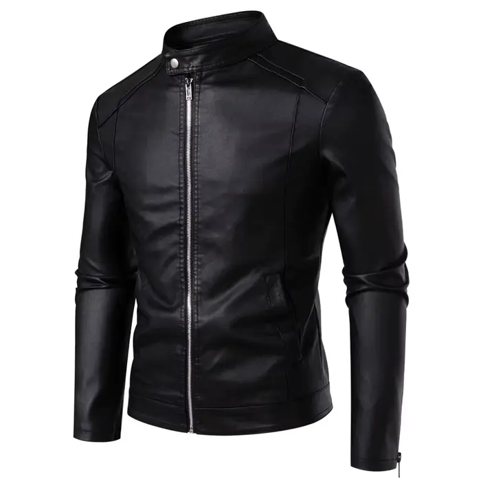 Blouson en cuir PU ajusté pour homme à col montant, style motard, tendance printemps-automne