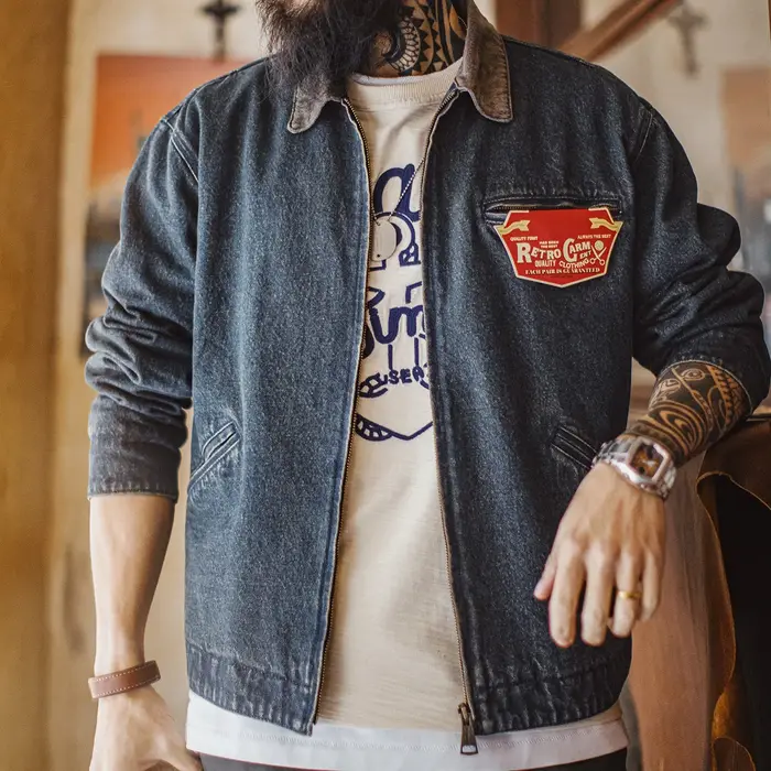 Veste en jean Detroit vintage pour homme Maden, 10,5 oz, courte, lourde, style safari, col à revers,
