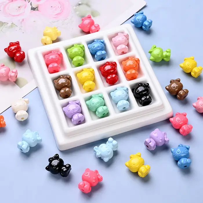 Perles acryliques mélangées au hasard, 50 pièces, perles colorées de chat de dessin animé pour brico