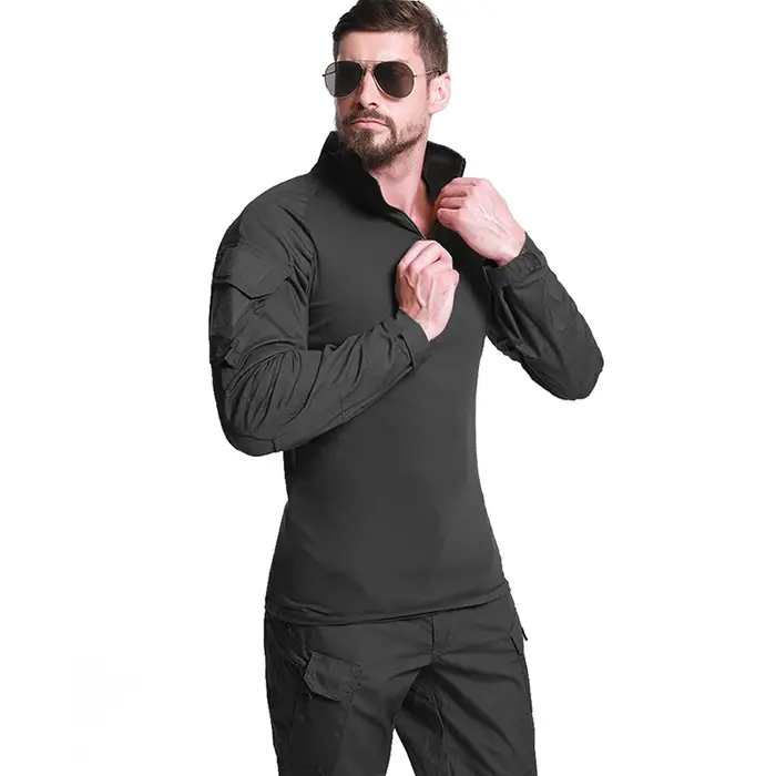 Chemise de Combat à manches longues pour hommes, fermeture éclair 1/4, chemises tactiques en coton R