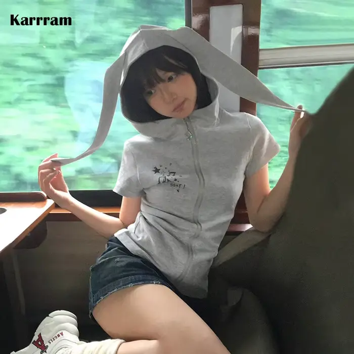 Karrram japonais Y2k T-shirt à capuche Vintage années 2000 Style oreilles de lapin hauts à fermeture