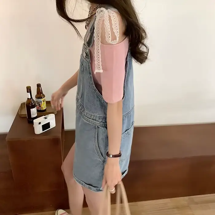 Denim Rompers Women Wide Leg Loose Korean Style Students Solid Summer Playsuits Leisure Trendy Pocke