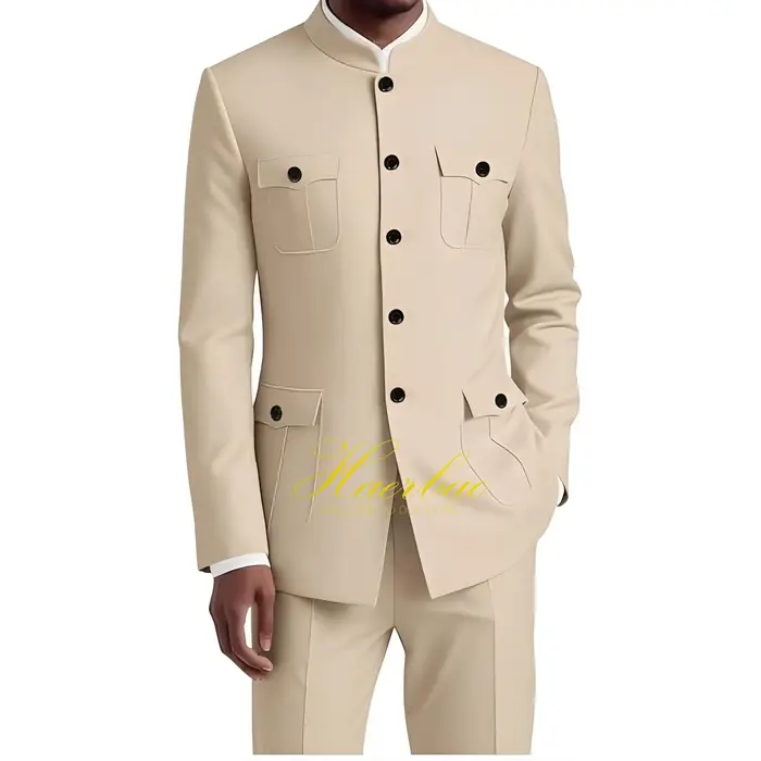 Costume chinois pour homme, ensemble formel 2 pièces, veste à col, coupe ajustée, blazer 4 poches, c