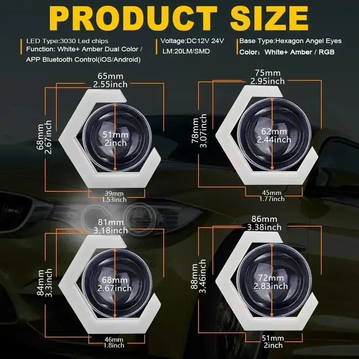 Anneaux hexagonaux Halo yeux d'ange LED 12V 24V, 2 pièces, avec clignotant, pour Modification R15 V2