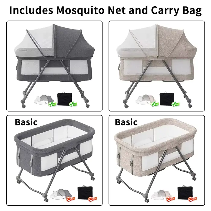 Lit de voyage convertible 4-en-1 pour bébé – Berceau à bascule avec roues silencieuses, design pliab