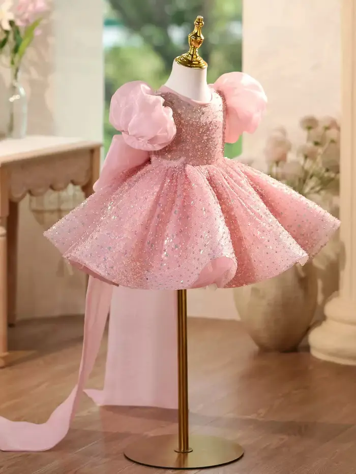 KLFLGD – robe à paillettes pour enfants, élégante, concours de beauté, manches bouffantes, fleur, ro
