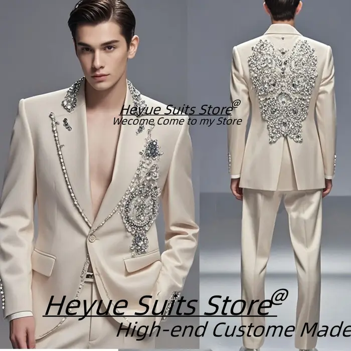 Costumes haut de gamme pour hommes, perles de strass brillantes, personnalisés, coupe cintrée, rever