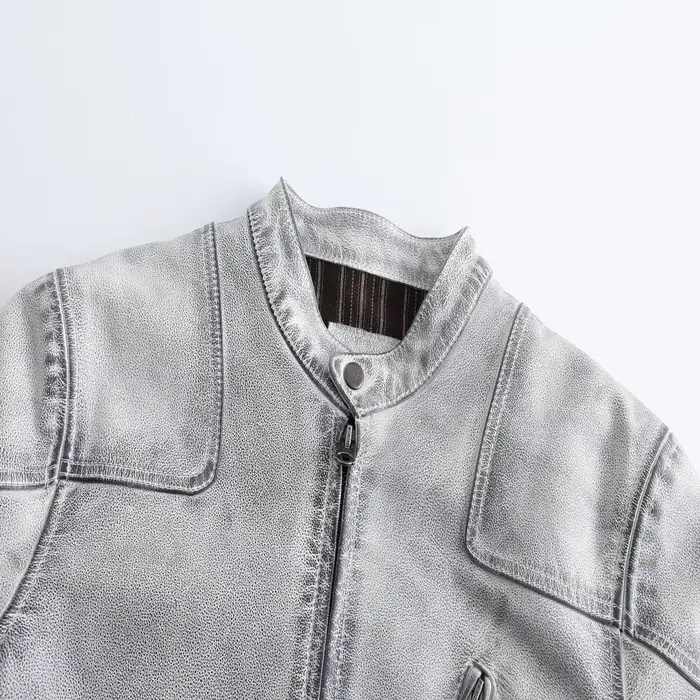 Veste en cuir véritable vieilli pour homme, style rétro, finition usée, col montant, classique, en c
