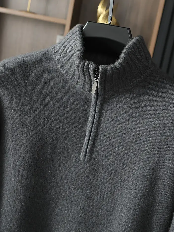 Pull en cachemire pur pour hommes, col mi-haut, demi-fermeture éclair, 5 broches, fermeture éclair é