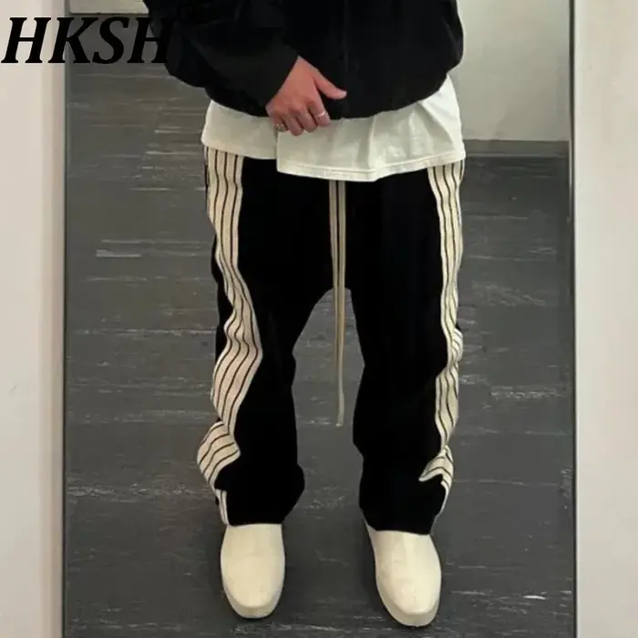 HKSH printemps automne nouveau homme marée Style américain rayé Patchwork droit décontracté pantalon à jambes larges cor