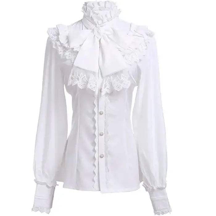 Chemisier Élégant Gothique pour Femme, Nouvelle Collection Printemps 2026, Col Montant à Volants, Bo