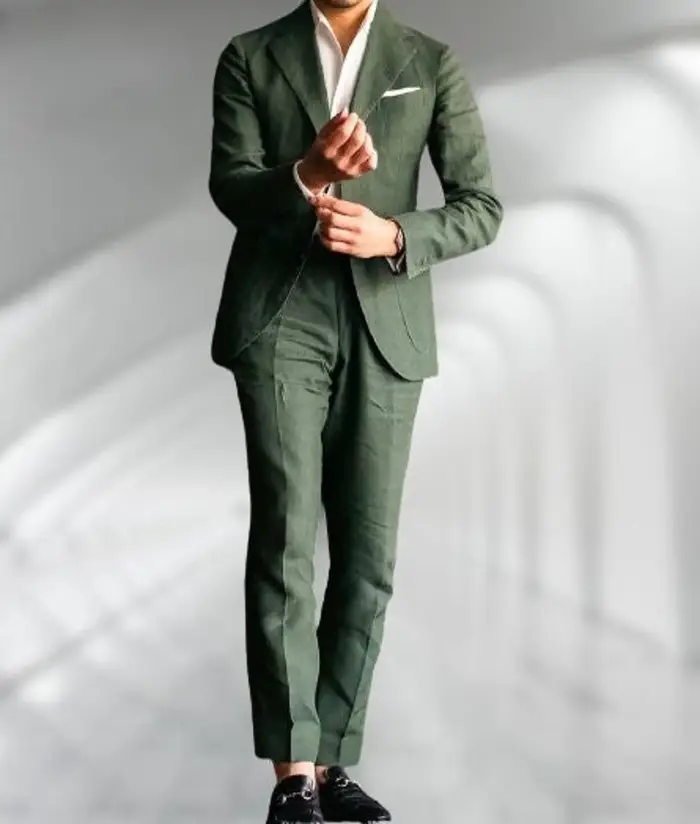 Costume en Lin Vert pour Homme, Smoking de Mariage, Ensembles de Blazers à la Mode, sur Mesure, Deux
