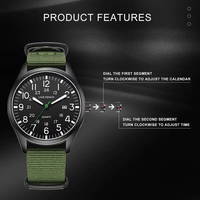 LIGE Top marque de luxe hommes montre à Quartz Date Nylon cuir étanche lumineux militaire sport mont