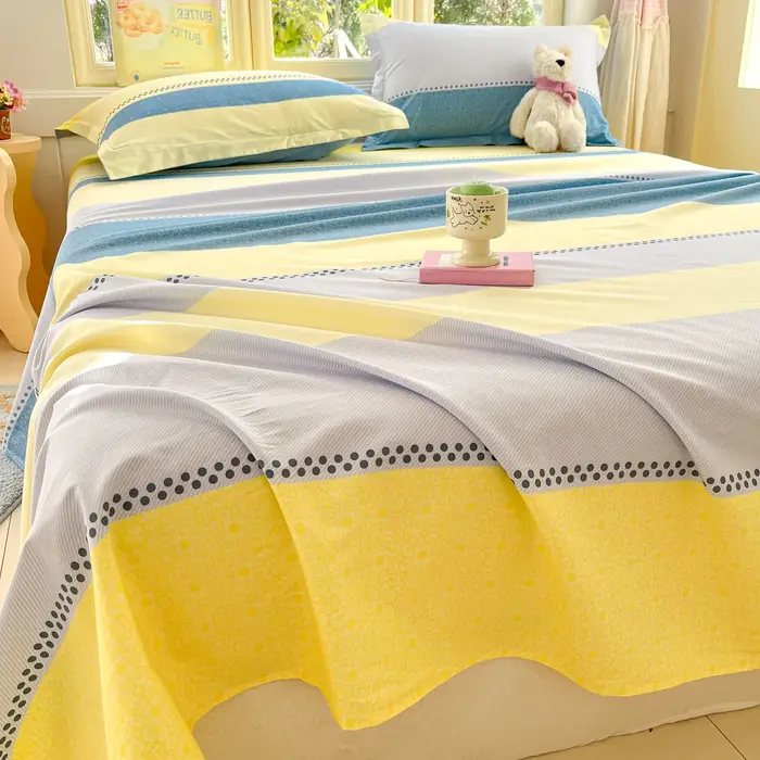 Drap de lit rayé jaune et bleu moderne 100% coton draps plats doux confortables simples doubles saisons taies d'oreiller chambre occasionnels