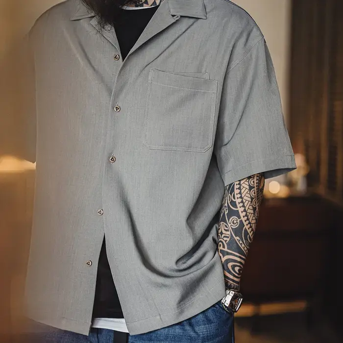 Maden Vintage col cubain chemise à manches courtes hommes été ample simple boutonnage couleur unie B