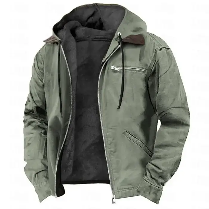 Veste d'hiver en peluche pour homme, style vintage, couleur unie, avec fermeture éclair, capuche, ma