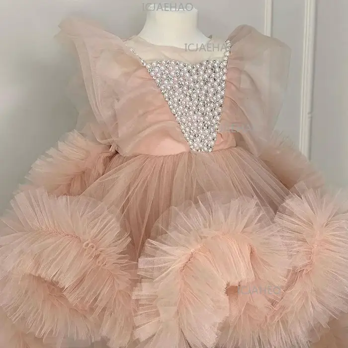 Robe Tutu Perlée pour Enfants avec Nœud et Longue Traîne, Robe de Cérémonie pour Filles, Tenue de Pr