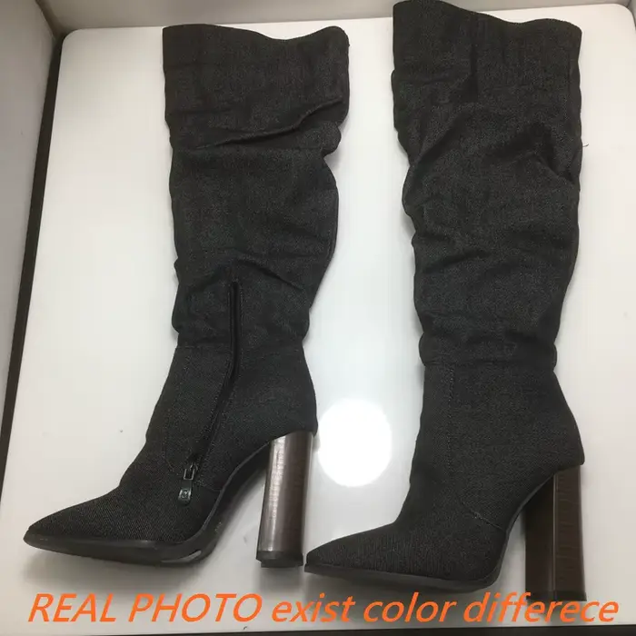 Girseaby femme cuissardes bout carré fermeture éclair plissé bloc talons grande taille 47 48 49 50 d