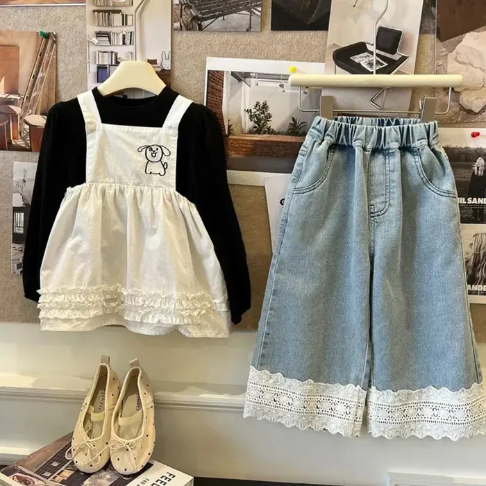 Jeans bleus été version coréenne enfants 2-7 ans - Pantalon décontracté fille dentelle nouvelle collection