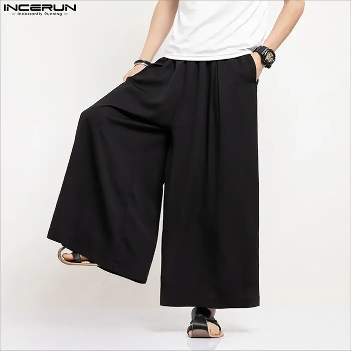 INCERUN hommes pantalons à jambes larges couleur unie jogging ample taille élastique pantalon hommes