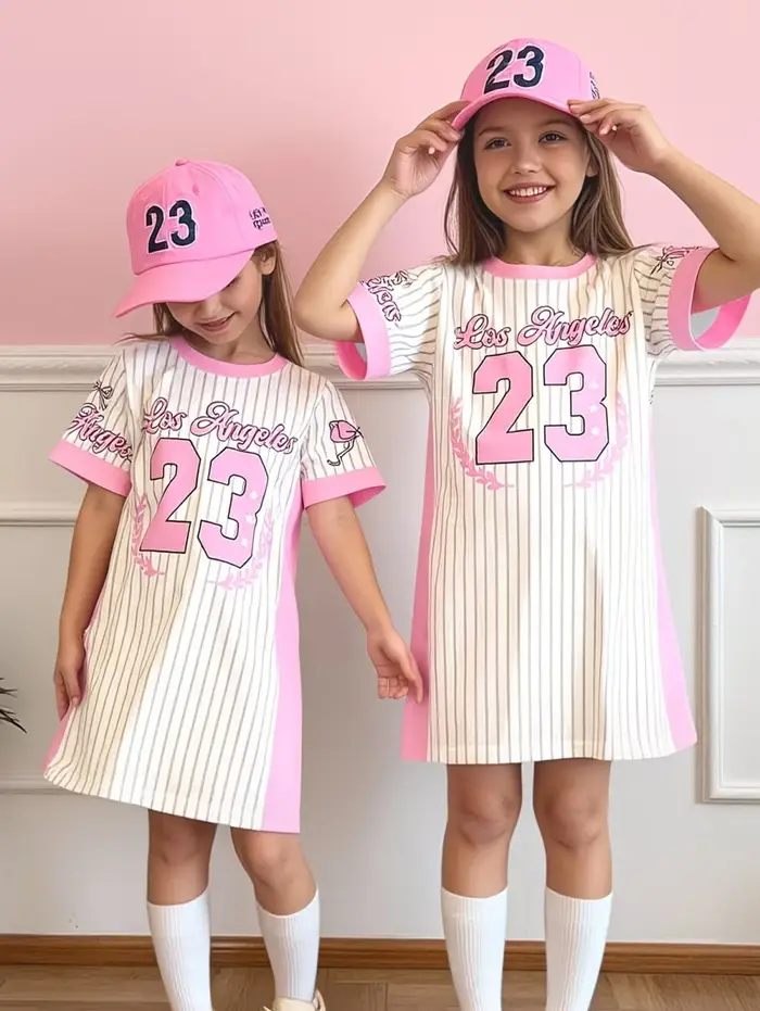 Robe de sport pour filles, imprimé 3D, col rond, manches courtes, robes d'été, style sport baseball,