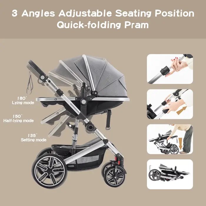 Poussette bébé 3 en 1 luxueuse portable voyage landau pliable cadre aluminium nouveau-né polyvalente sécurité confort occasions spéciales