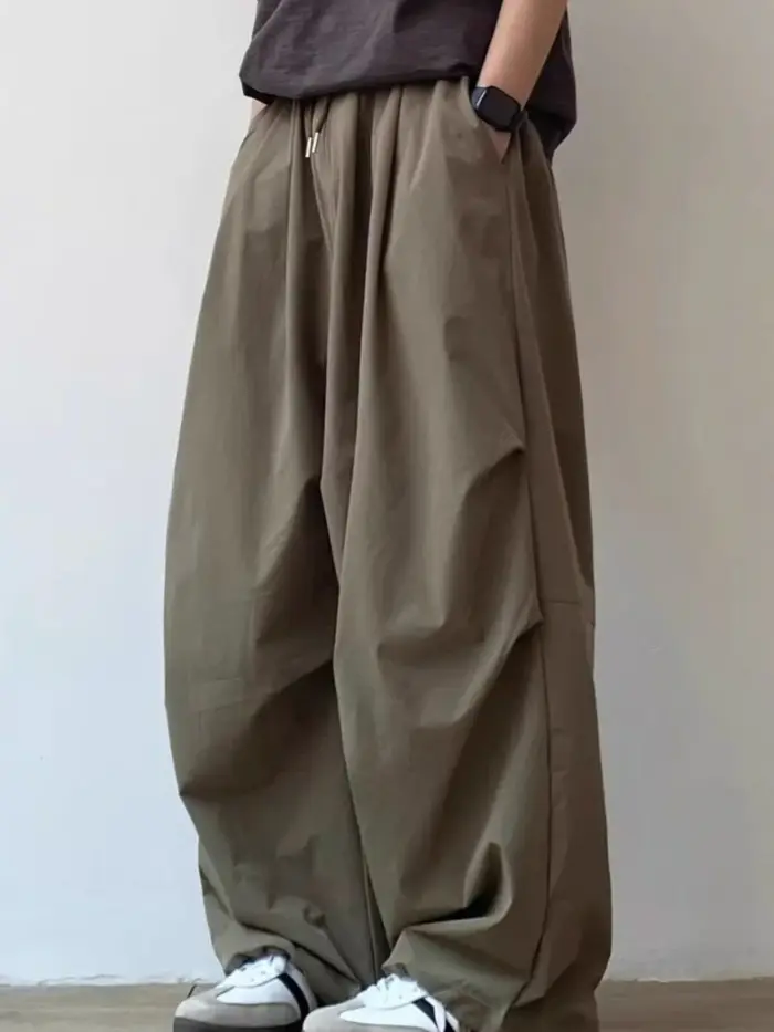 Pantalon décontracté unisexe plissé ample taille élastique coupe droite couleur unie style vintage j