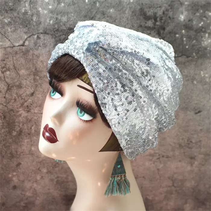 Chapeau turban noué à paillettes pour femmes, bonnet musulman brillant, vêtements de sauna, bonnet f