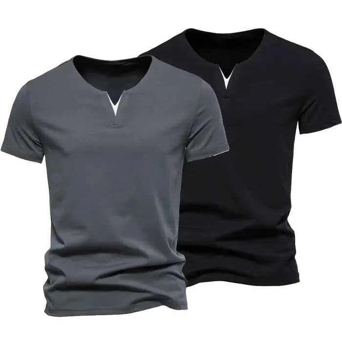 Henley – T-shirt manches courtes col en v pour homme, décontracté, coupe cintrée, basique, ample, Fi